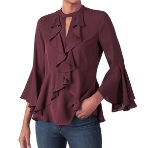 Cinq a Sept Burgundy Ruffle Blouse Bell Sleeve Keyhole Neck